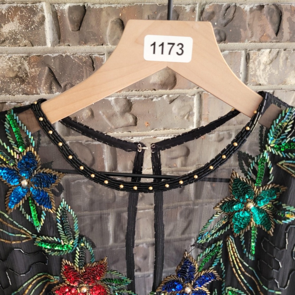 Scala Dress Womens XL Black Silk Beaded Sequin Floral Evening Gown Long Sleeve - Picture 11 of 11